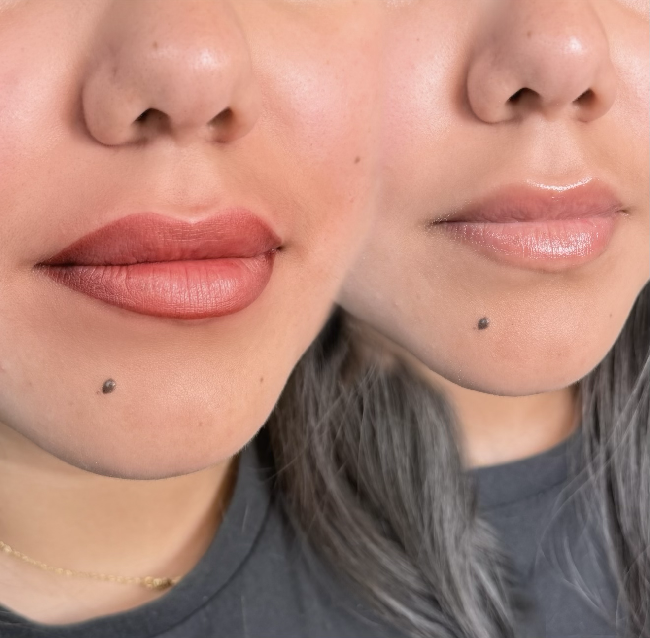 Close-up of two women's faces, showing their lips, noses, and small moles on their cheeks, with one woman having makeup and the other natural appearance.
