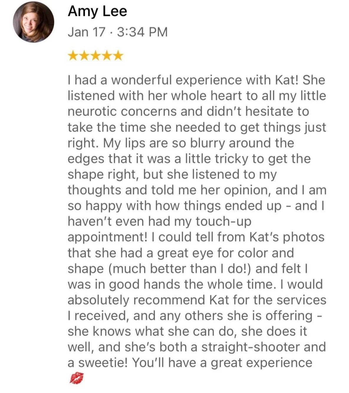 A screenshot of a positive customer review for a beauty or aesthetic service, written by Amy Lee on January 17th at 3:34 PM. The review includes a five-star rating and a lipstick kiss emoji at the bottom.