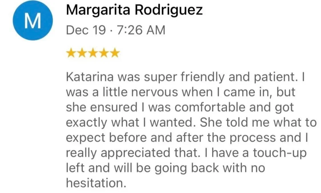 Review from Margarita Rodriguez praising Katarina for being friendly and patient during a service, mentioning her nervousness but comfort provided, and her willingness to return.