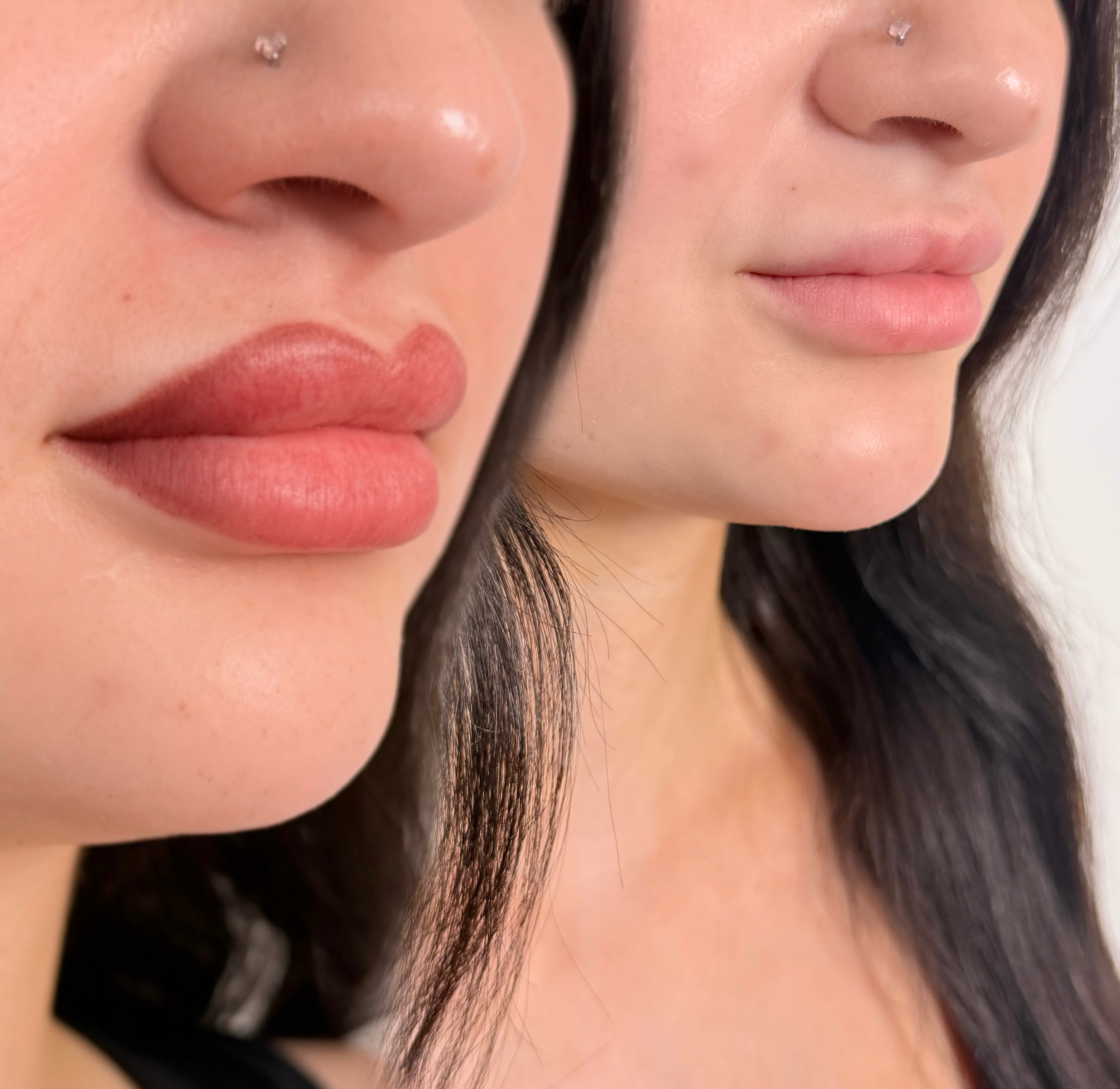Close-up of a person's face with a focus on the nose and lips, showing smooth skin, natural lip color, and a small nose piercing.