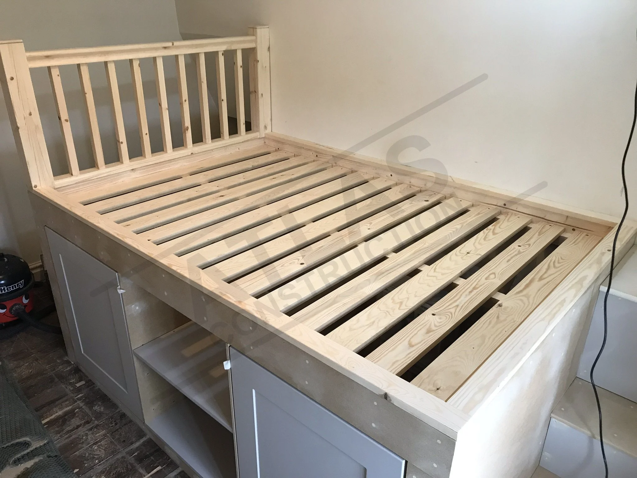 Custom odd sized bed frame with built in storage