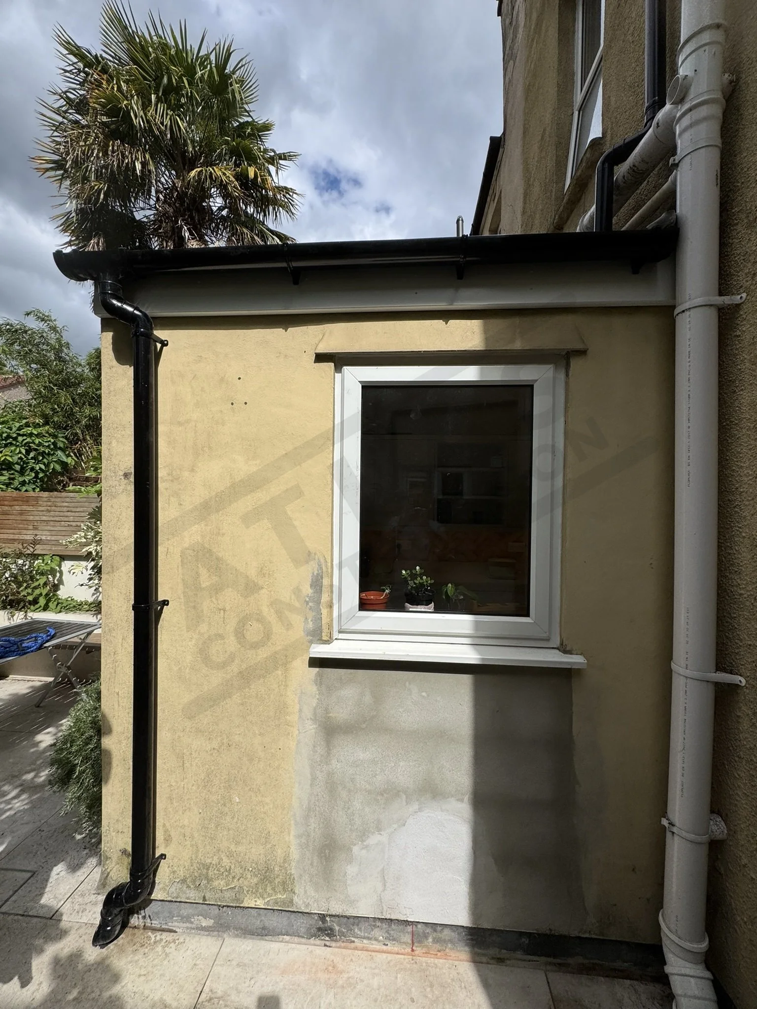 Replace fascia and gutters. Patch up hole in wall