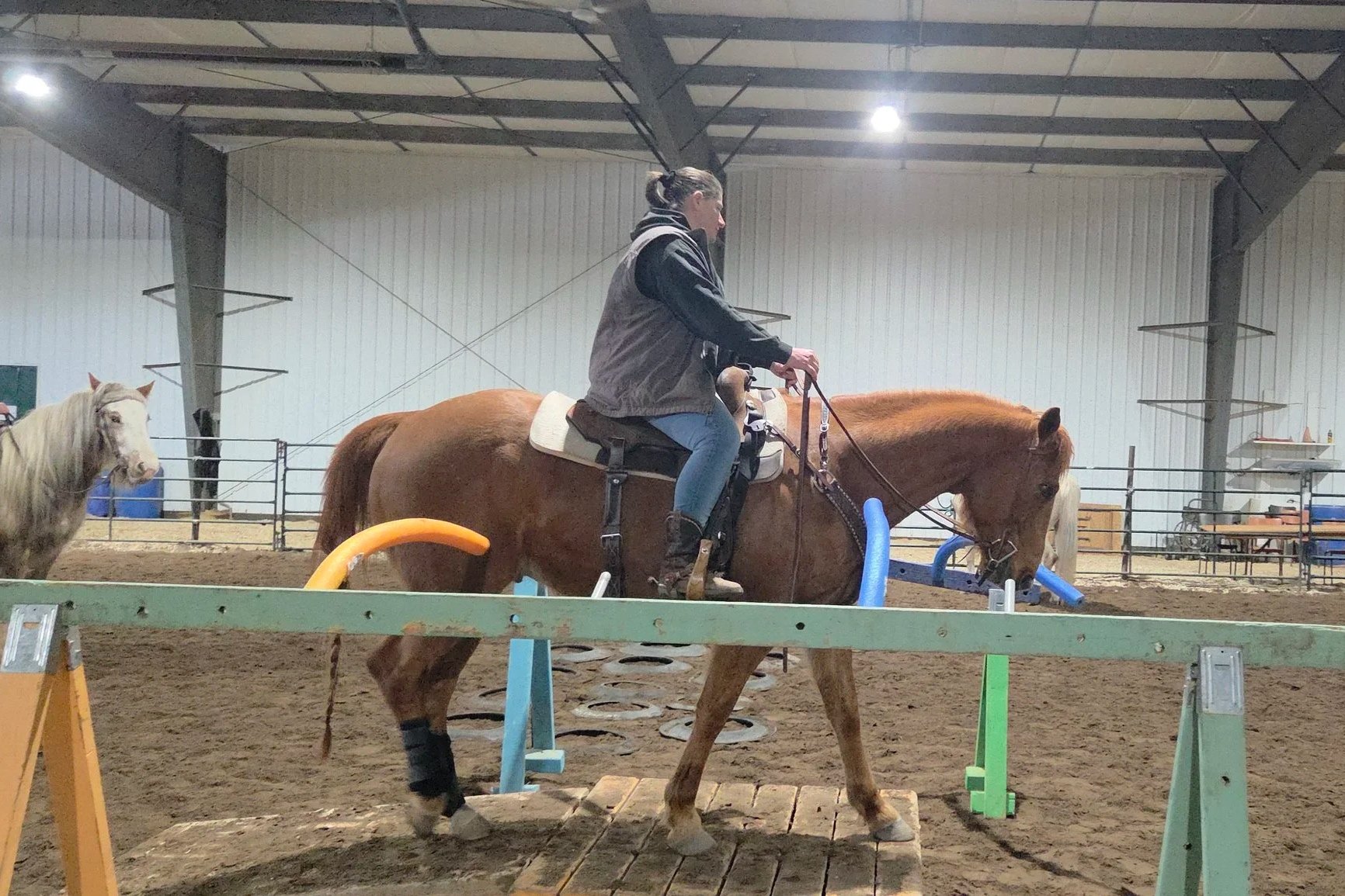 A woman riding a chestnut horse inside an indoor riding arena. The arena has a dirt floor, metal railings, and a high ceiling with lights. A white horse is standing nearby, and there are various riding obstacles around.