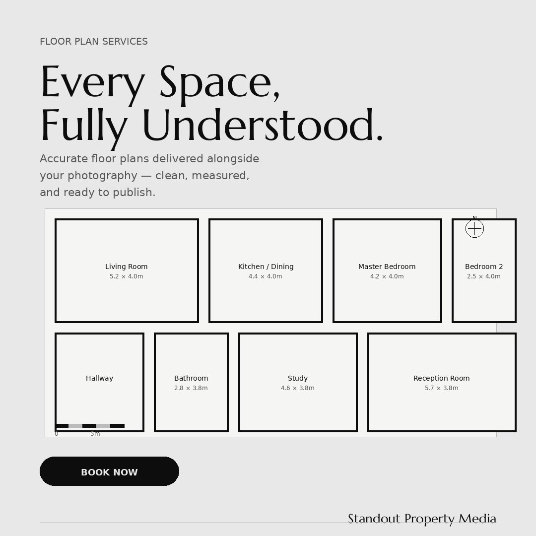 Floor plan layout showing the measurements of different rooms in a house, including living room, kitchen/dining, master bedroom, bedroom 2, hallway, bathroom, study, and reception room, with a "Book Now" button below.