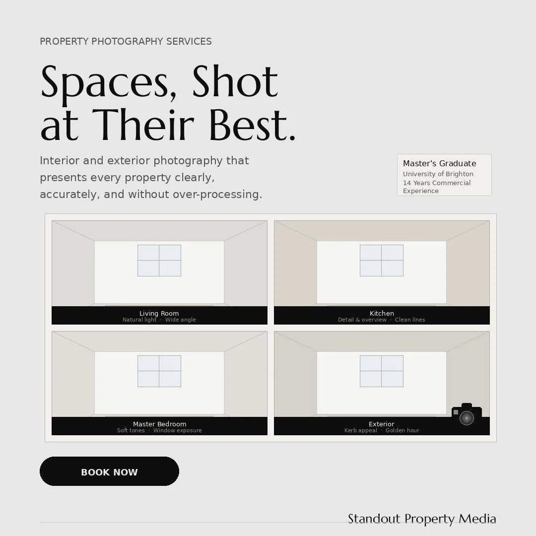 A webpage for property photography services that highlights interior and exterior photography with examples of living room, kitchen, master bedroom, and exterior shots, along with a book now button and an agent's profile.