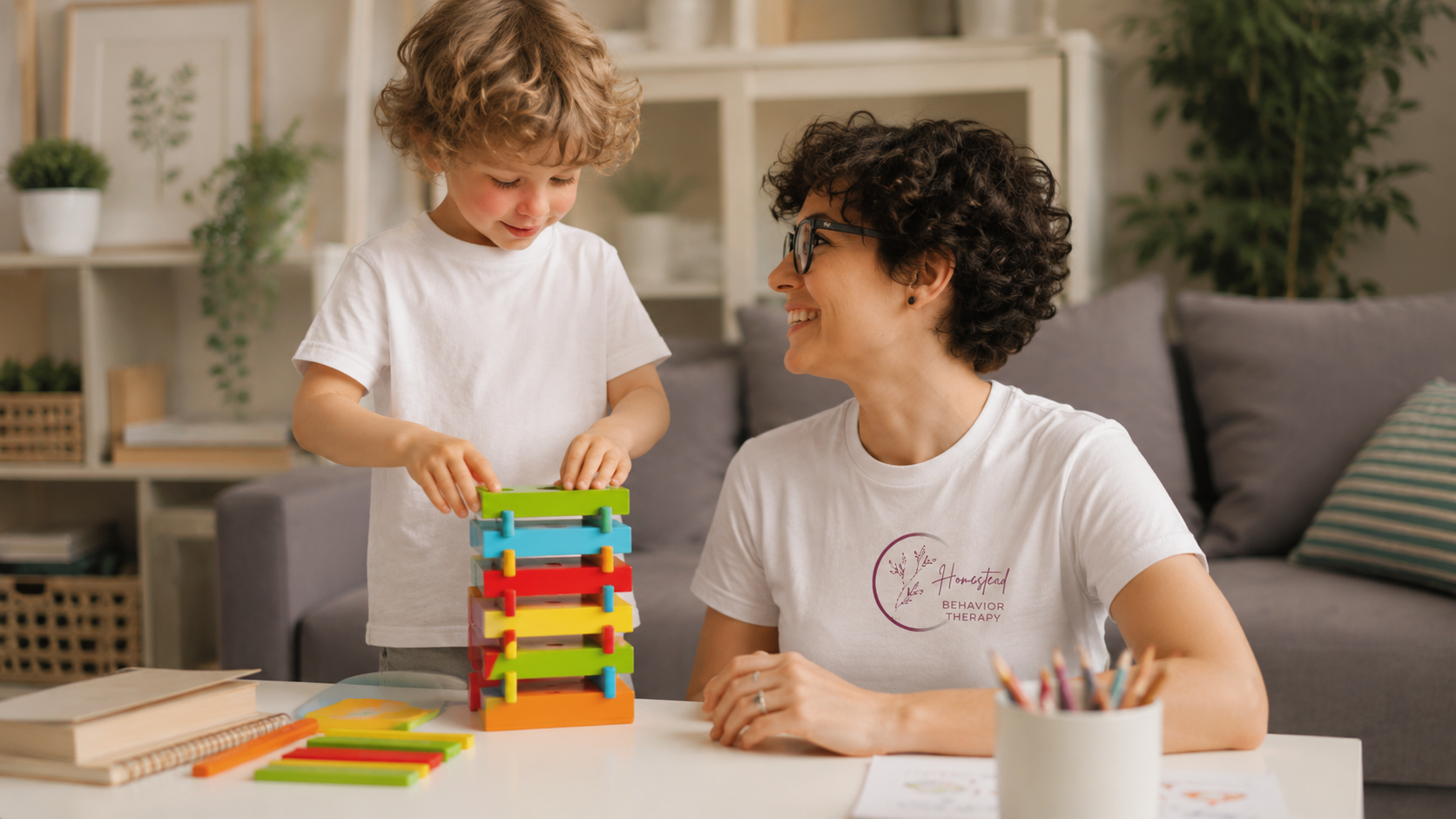 Child learning communication and play skills through individualized in-home ABA therapy.