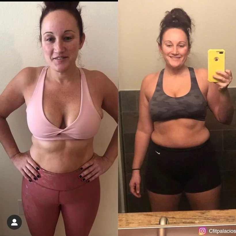 Side-by-side selfies of a woman in workout clothes, showing her before and after fitness transformation. In the left photo, she is wearing a pink sports bra and pink leggings, and in the right photo, she is wearing a gray sports bra and black shorts, smiling in both images.