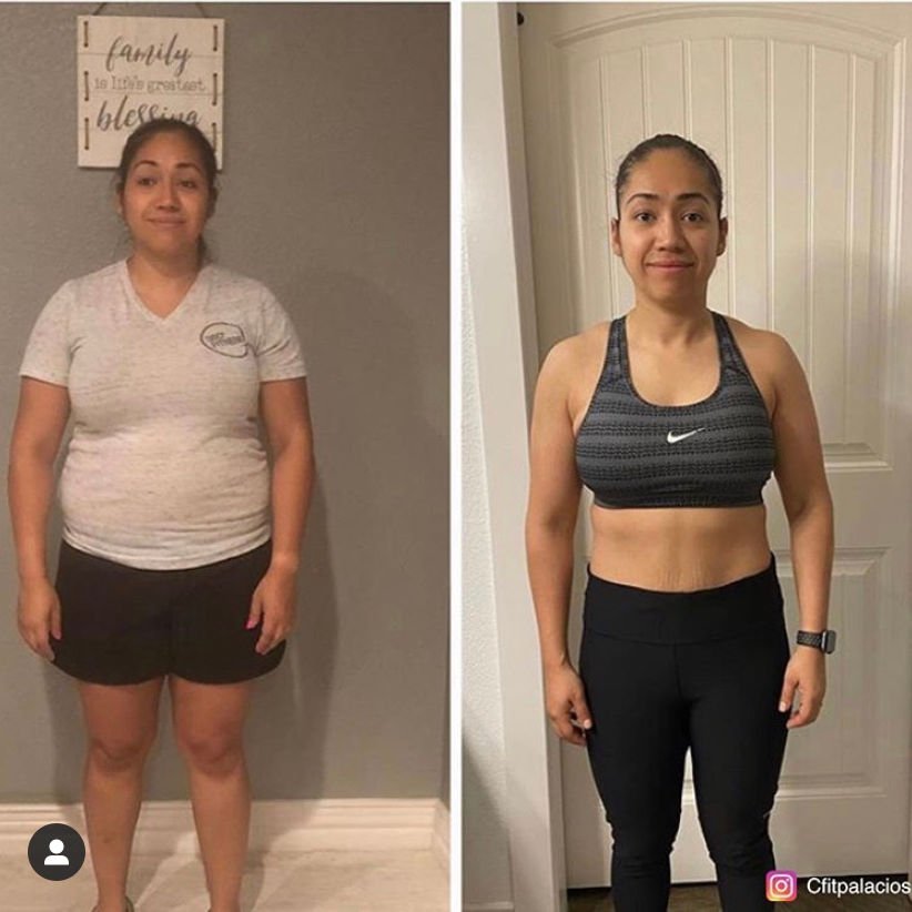 Side-by-side comparison of a woman before and after weight loss. In the left image, she is wearing a light gray t-shirt and black shorts, and in the right, she is wearing a sports bra and black athletic pants, showing a significant transformation.
