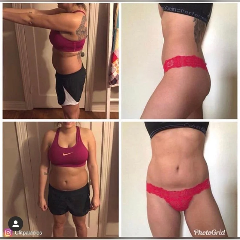 Side-by-side comparison of a woman before and after weight loss. The left images show her with a fuller figure, wearing a sports bra and shorts. The right images show her with a slimmer waist, wearing red lace underwear, highlighting her abdominal transformation.
