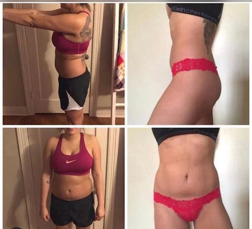 A side-by-side comparison of before and after images showing a woman's body transformation, with the top images showing her pre-change and the bottom images showing her post-change appearance.