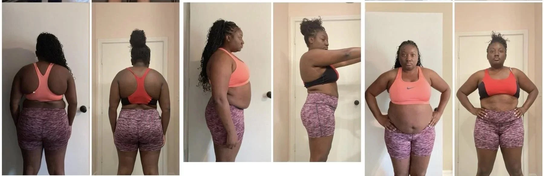 Series of six photos showing a woman in workout clothes before and after fitness journey, with frontal and side views highlighting body changes.