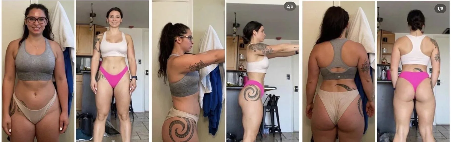Sequence of six photos showing a woman with tattoos in a home setting, performing various standing poses, including front and back views, stretching, and showcasing her physique.