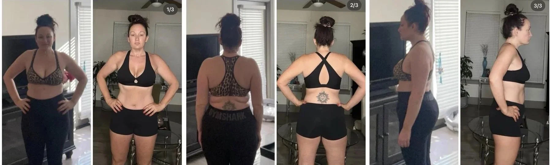 Six side and front view photos of a woman in workout clothes showing her fitness progress.