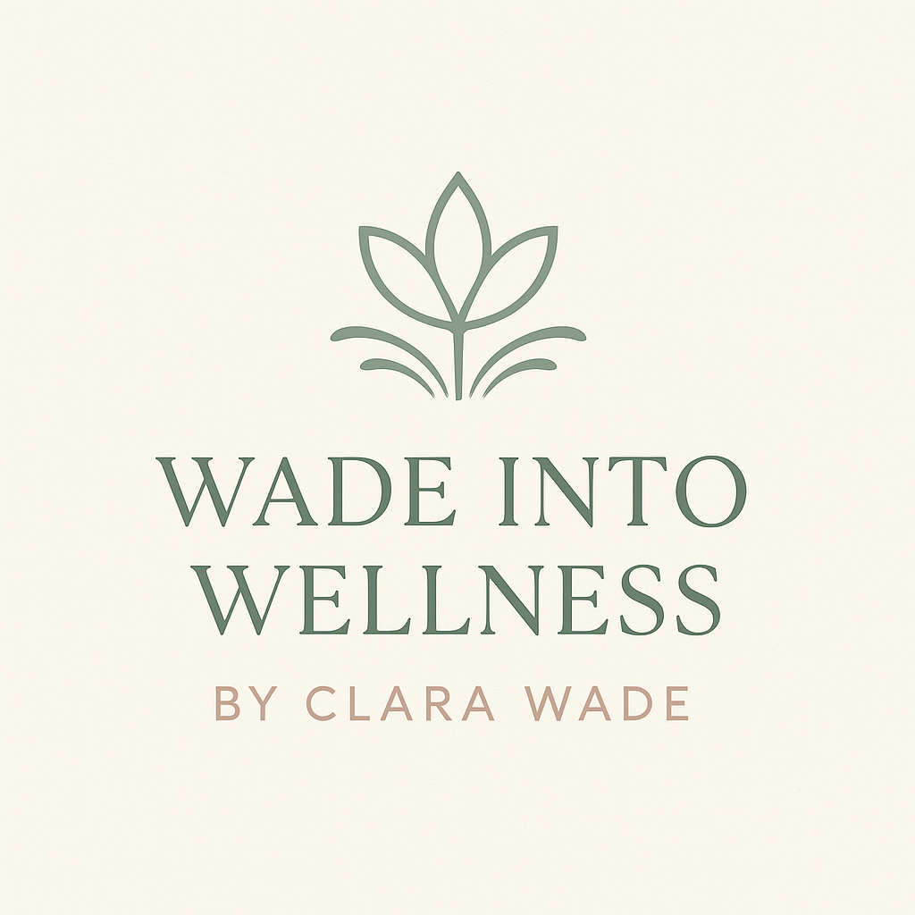Logo for Wade Into Wellness by Clara Wade featuring a stylized plant illustration