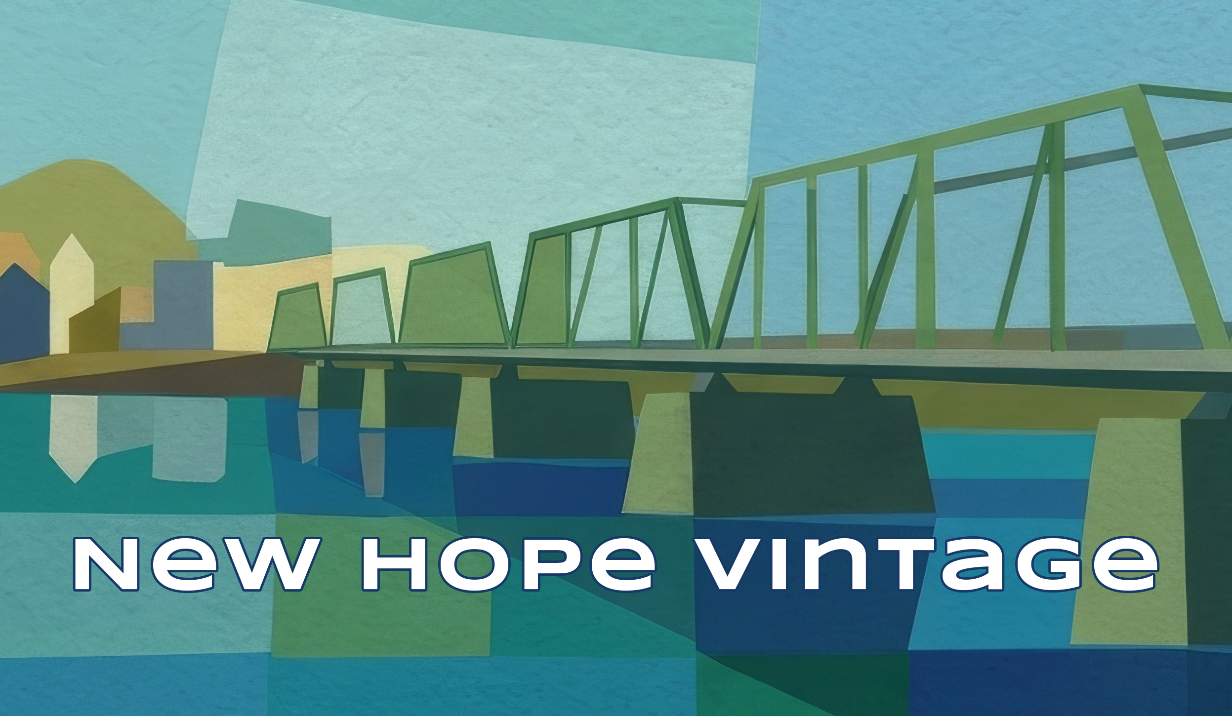 Colorful abstract illustration of the New Hope–Lambertville Toll-Supported Bridge over the Delaware River with text 'New Hope Vintage' at the bottom.