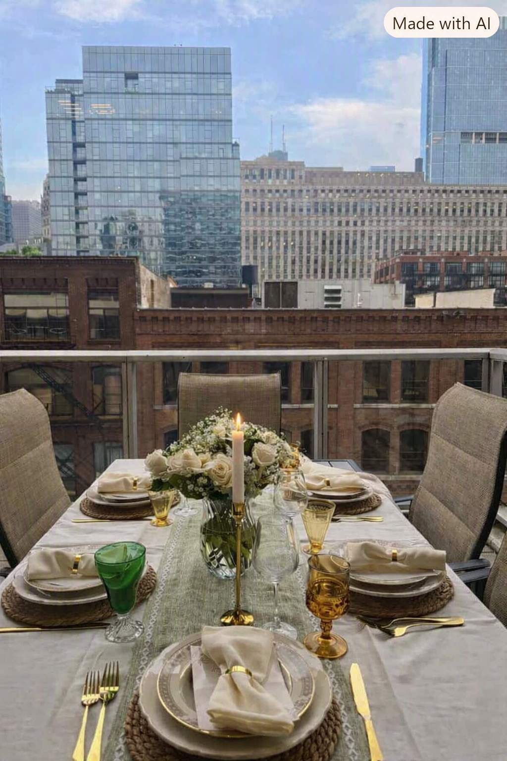 A dining table set for a meal on a balcony with a city skyline in the background. The table has a white tablecloth, a floral centerpiece with white roses, a lit candle, and gold-rimmed dinnerware and glassware.