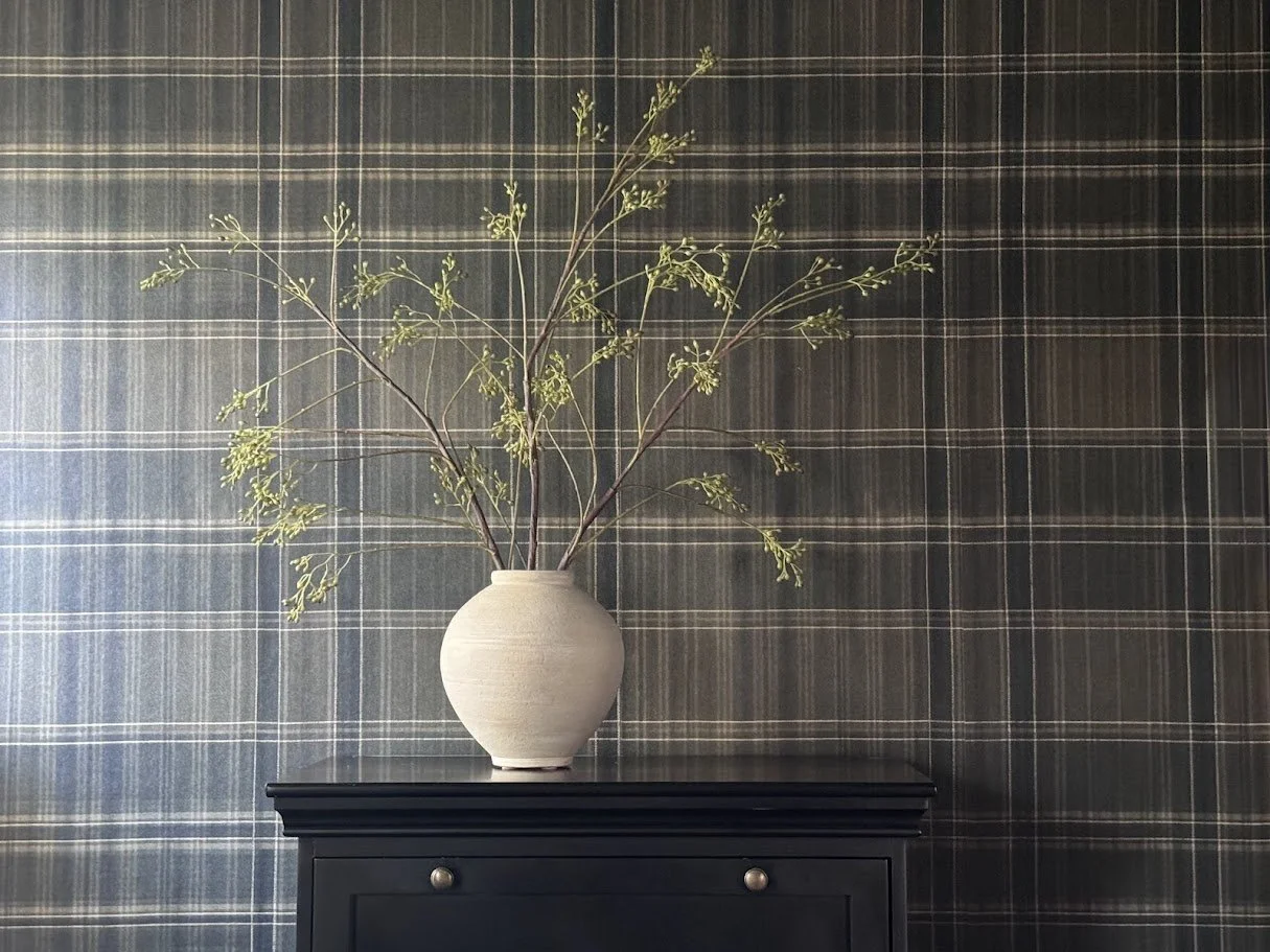 A white ceramic vase with a round body and narrow opening holding green foliage with thin stems and small leaves, sitting on top of a black piece of furniture against a plaid patterned wallpaper background.