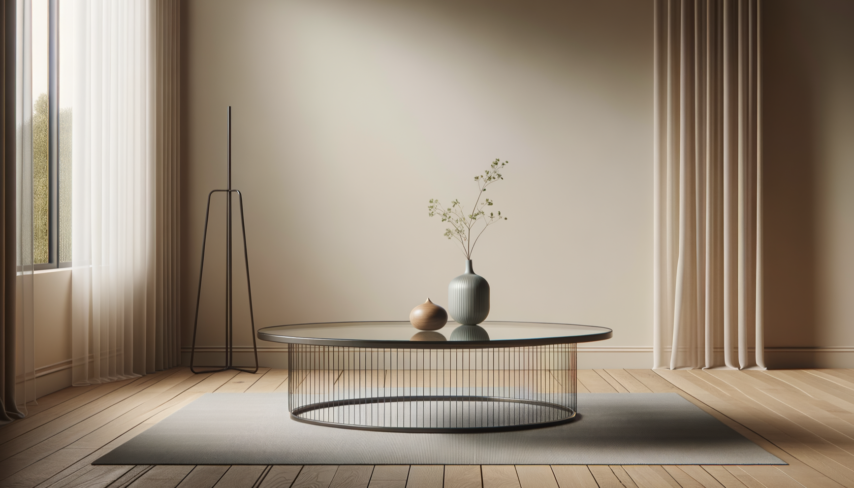 Minimalist interior room with a glass-top coffee table, a tall vase with branches, a small rounded clay object, beige curtains, a window, and a light-colored area rug on light wooden floor.