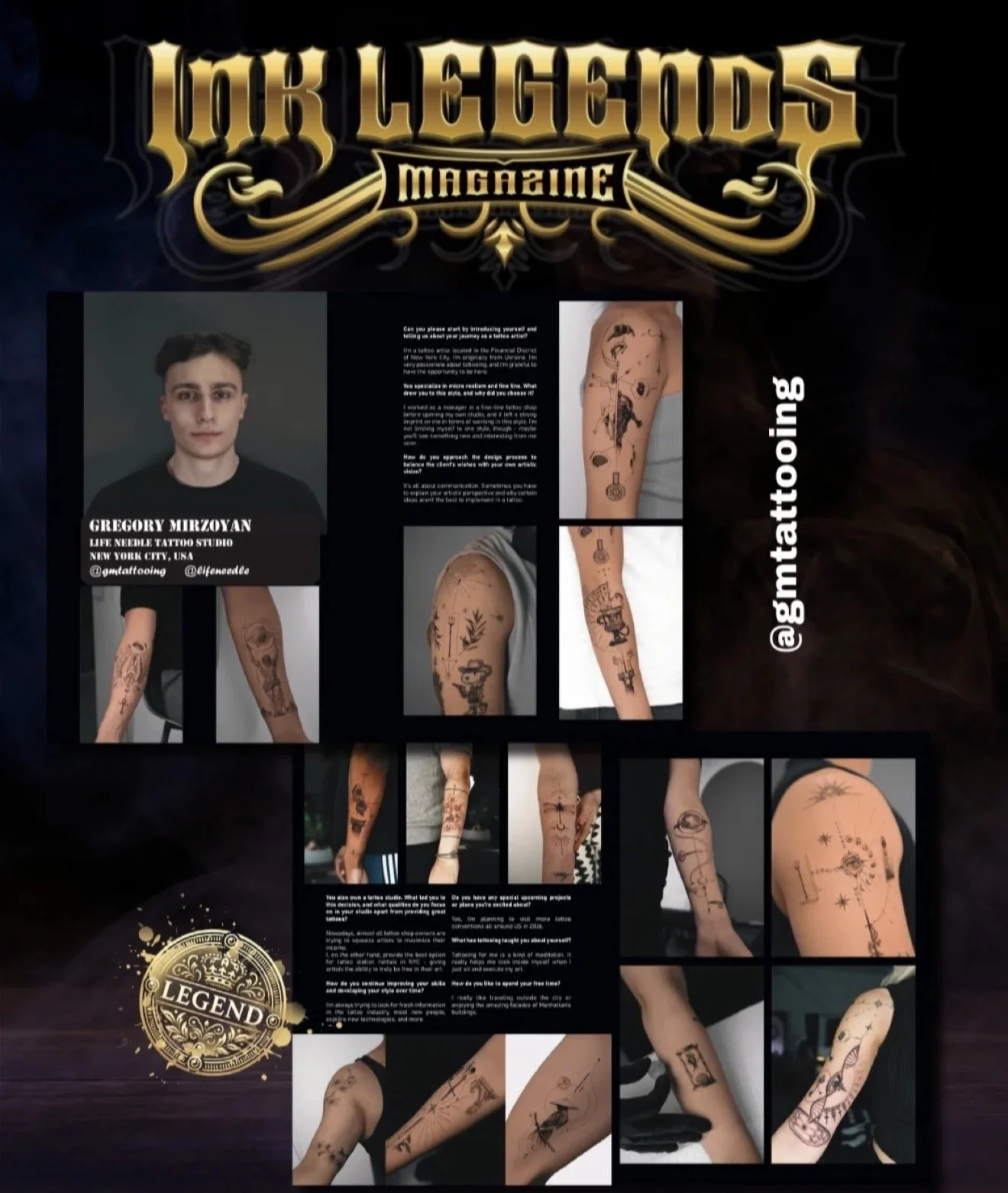 A collage featuring a tattoo artist, Gregory Mirzoyan, and various tattoo designs on arms and legs. The text includes his name, studio, location, and Instagram handle, along with a logo reading 'Legend' at the bottom left.