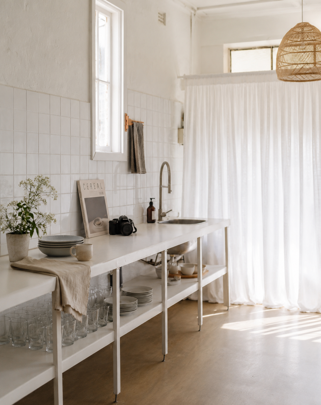 A minimalist kitchen with a white countertop, open shelves with dishes, a window, and natural light filtering through white curtains.