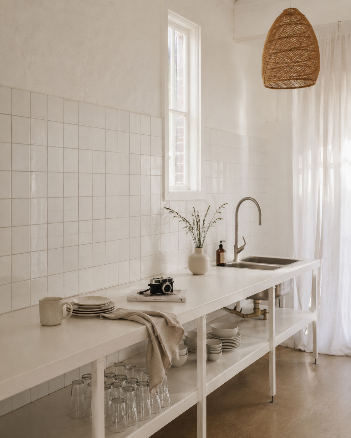 A minimalist kitchen with a white countertop, open shelving with glassware and dishes, a window, a vase with greenery, a camera, and a soap dispenser. Light from a nearby window illuminates the space, with a woven pendant light hanging from the ceiling.
