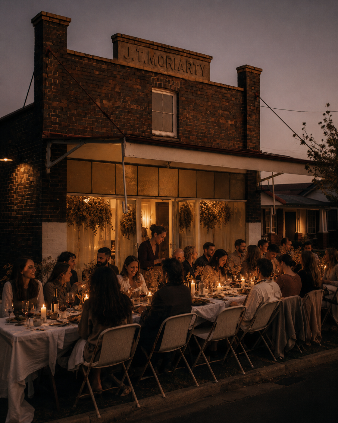 Outdoor dinner party with a long table set with candles and wine glasses outside a brick building labeled 'J. L. McMurray' during evening hours.