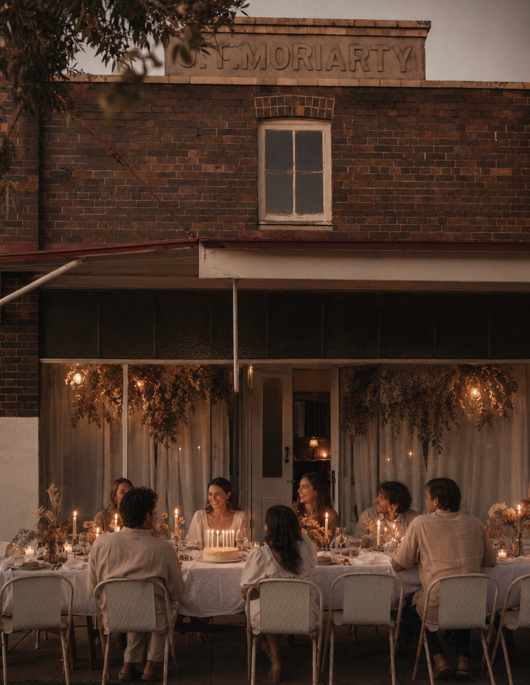 People celebrating around a dinner table with candles and flowers outside during evening, in front of a brick building with a sign that says 'O. F. Moriarty'.