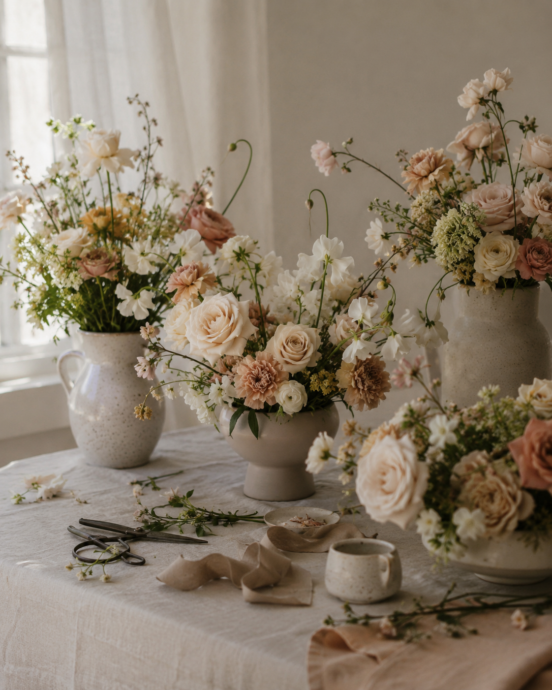 Arrangement of pastel-colored roses, peonies, and other flowers in three ceramic vases on a cream-colored table with flower arranging tools and scraps.