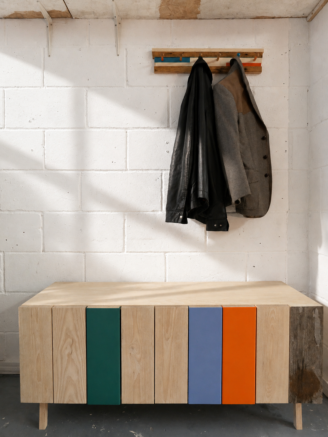 A wooden sideboard with colorful panels stands against a white brick wall. Hanging above is a coat rack with a leather jacket and a gray blazer on hooks.