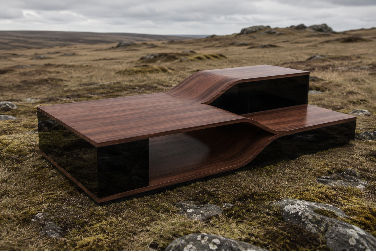 A modern, sculptural wooden bench with smooth curves and a glossy finish, placed outdoors on grassy terrain with rocks and a cloudy sky in the background.