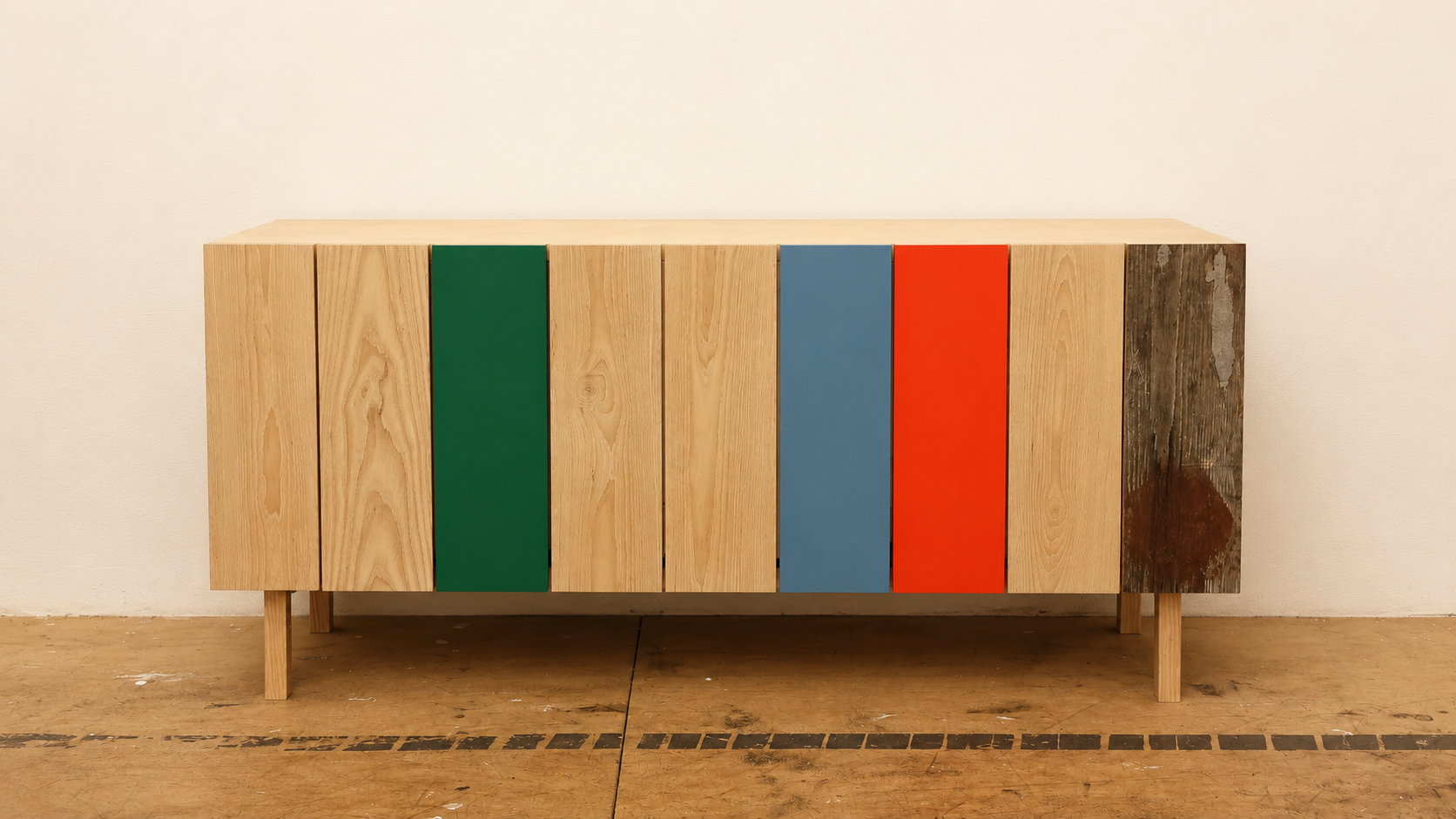 Wooden sideboard with multicolored panels in green, blue, red, and natural wood finish against a plain wall.