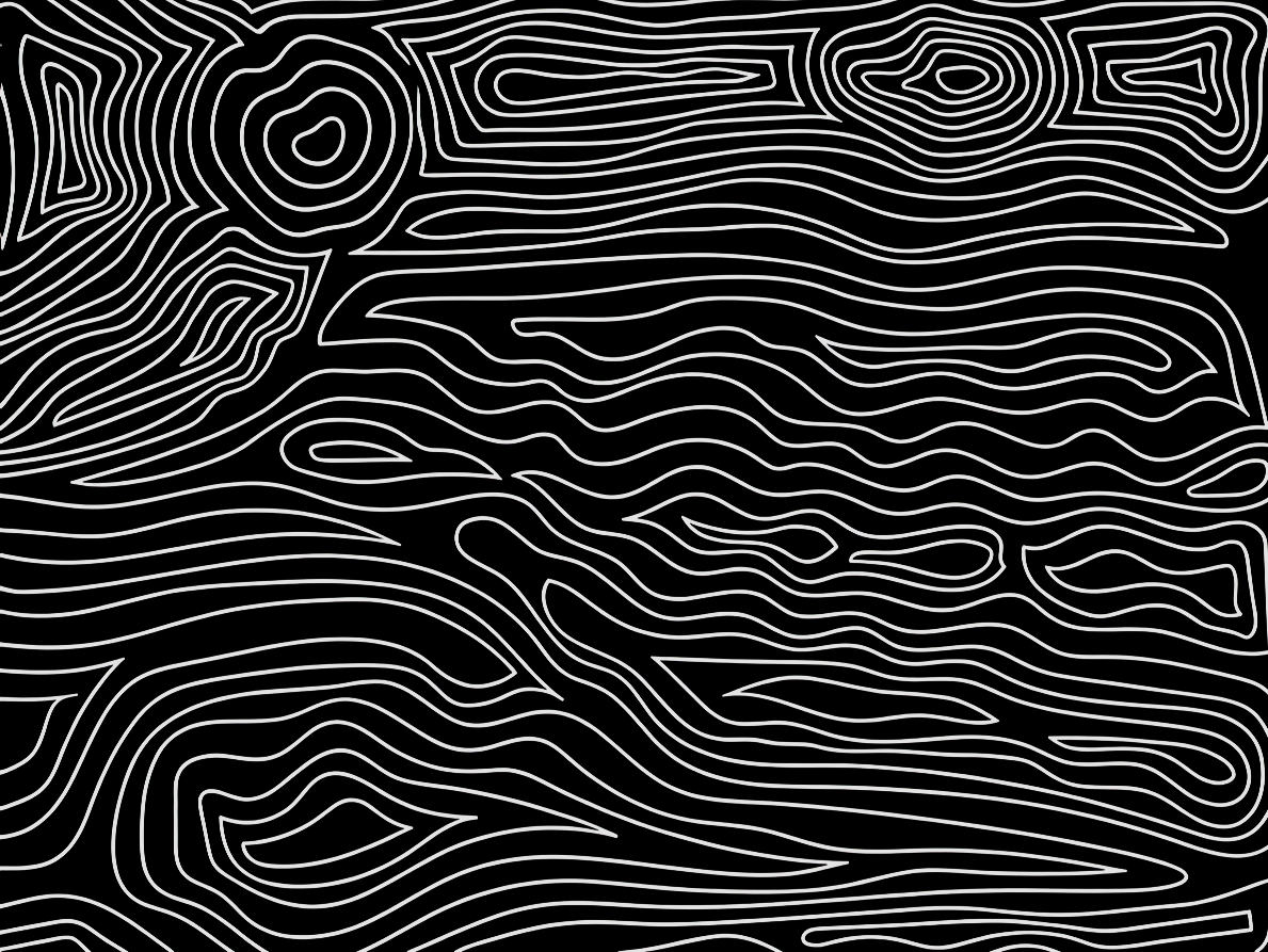 Abstract black and white line art with wavy and circular contours.
