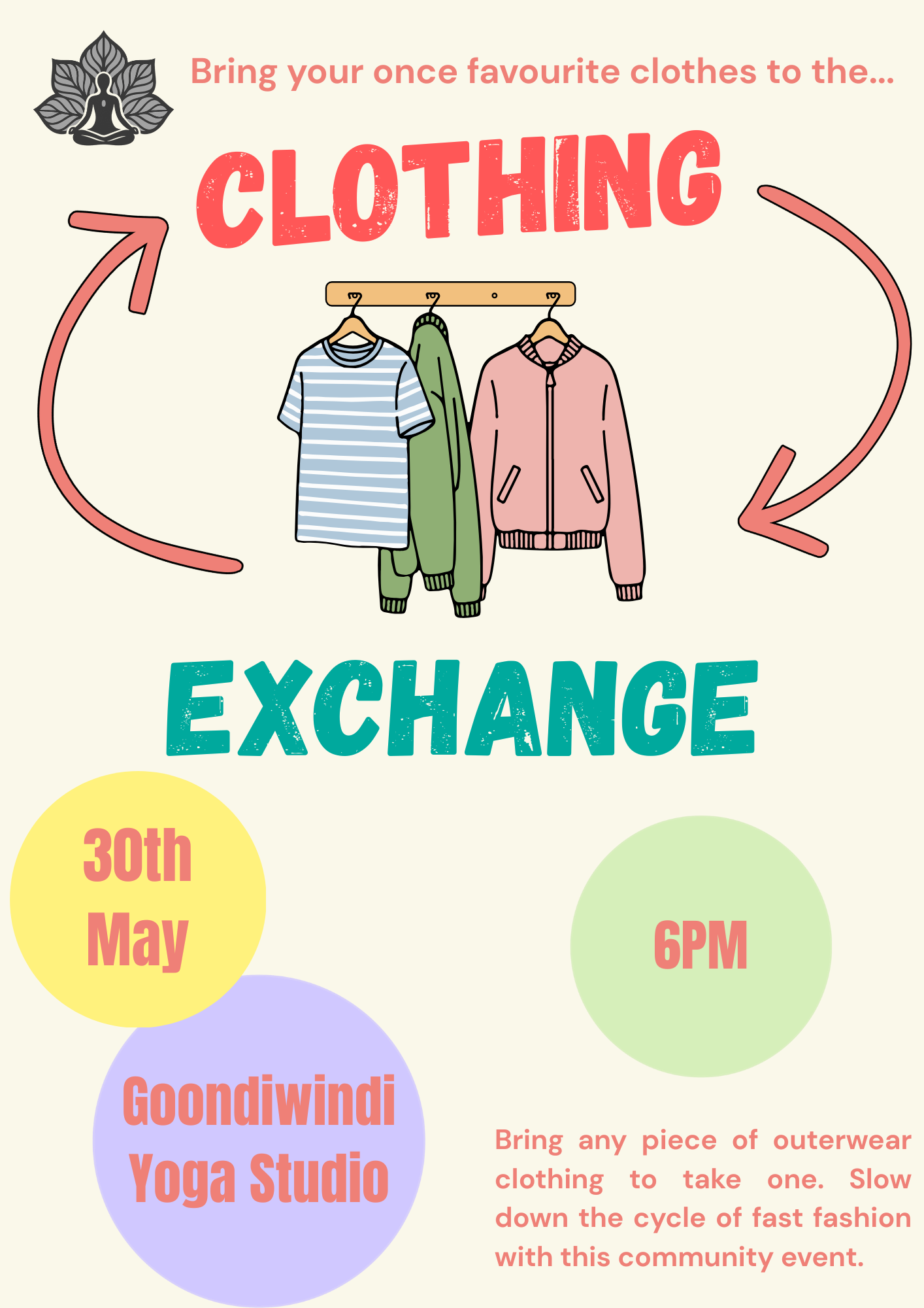 An event poster for a clothing exchange, scheduled for May 30th at 6 PM, encouraging participants to bring outerwear to swap. The poster features a graphic of hanging clothing items including a striped shirt, hoodie, and jacket, with a logo of a meditative figure surrounded by leaves in the top left corner.