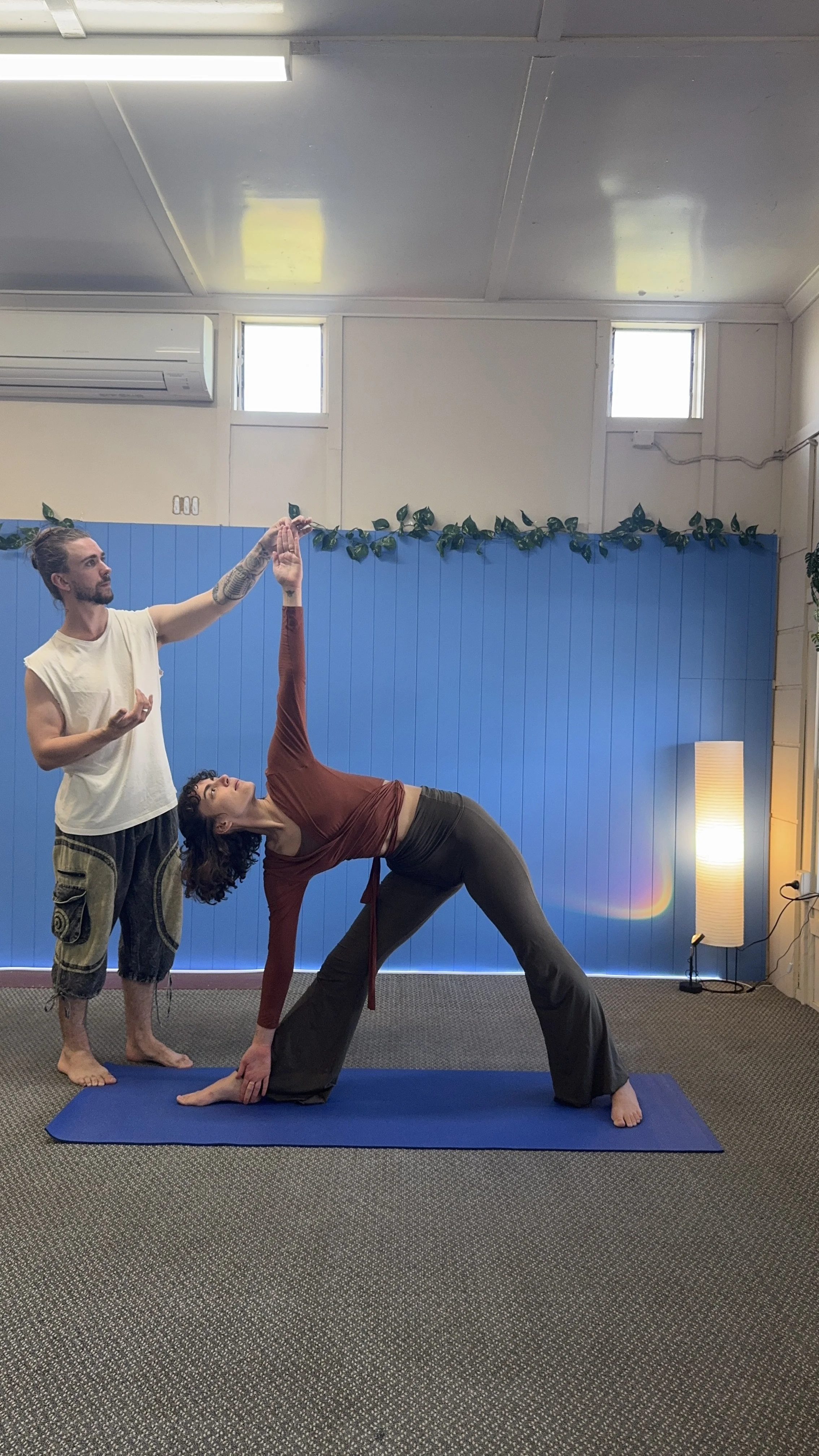 A man with a beard and tattoos on his arm is assisting a woman with curly hair who is practicing yoga in a studio. The woman is in a side plank pose, with one hand on the floor and the other reaching upward, while the man supports her raised hand. The studio has a blue wall with artificial greenery, a standing lamp, and small windows near the ceiling.