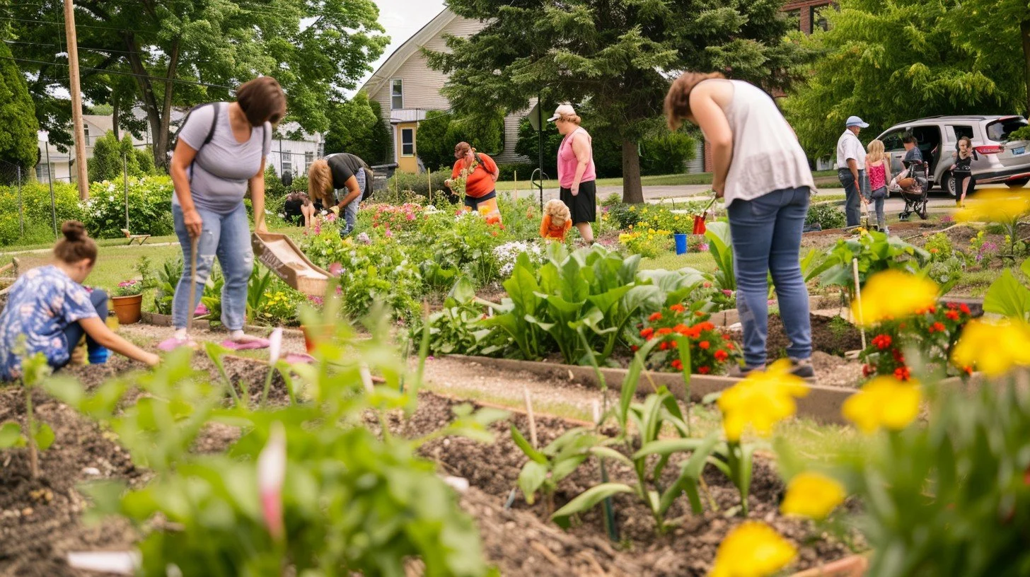 People gardening and planting flowers in a community garden with houses and trees in the background.