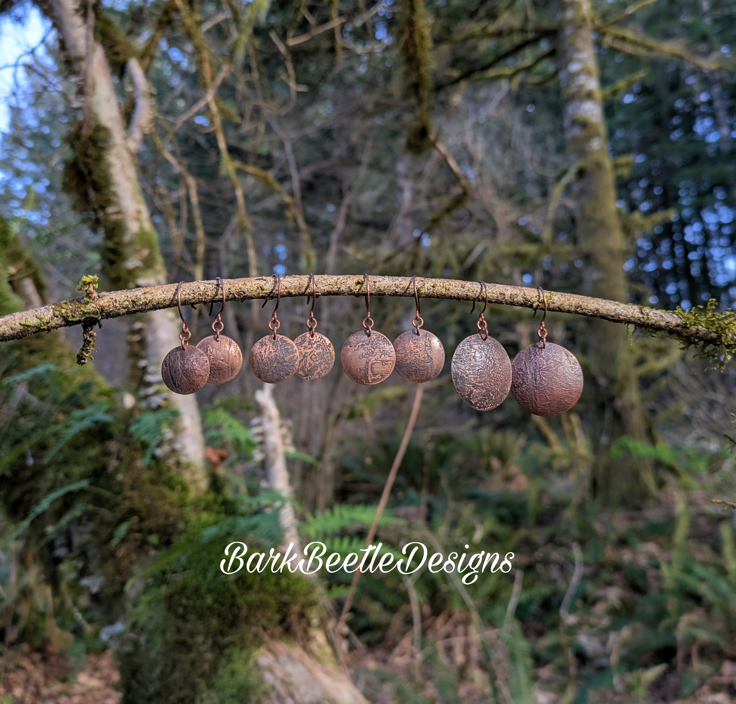 Handmade copper acid etched earrings