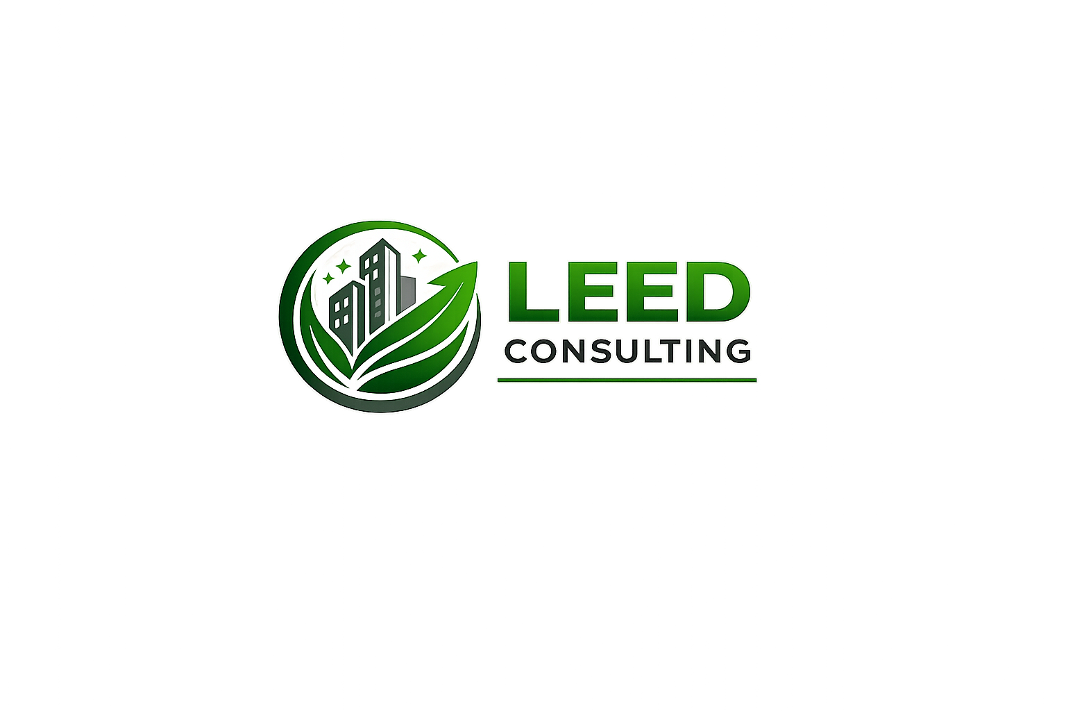 Logo for LEED Consulting featuring a circular emblem with buildings and leaves, indicating sustainability and green building expertise.