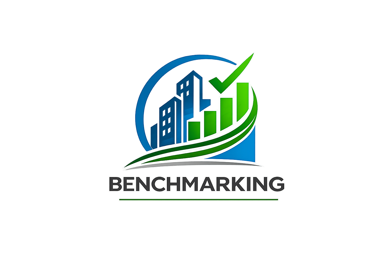 A logo with a blue circular arrow, buildings, a green check mark, and bar rising graph, with the word 'BENCHMARKING' below.