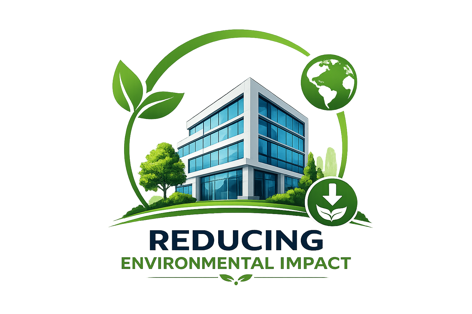 Eco-friendly building with trees and a globe, symbolizing reducing environmental impact.