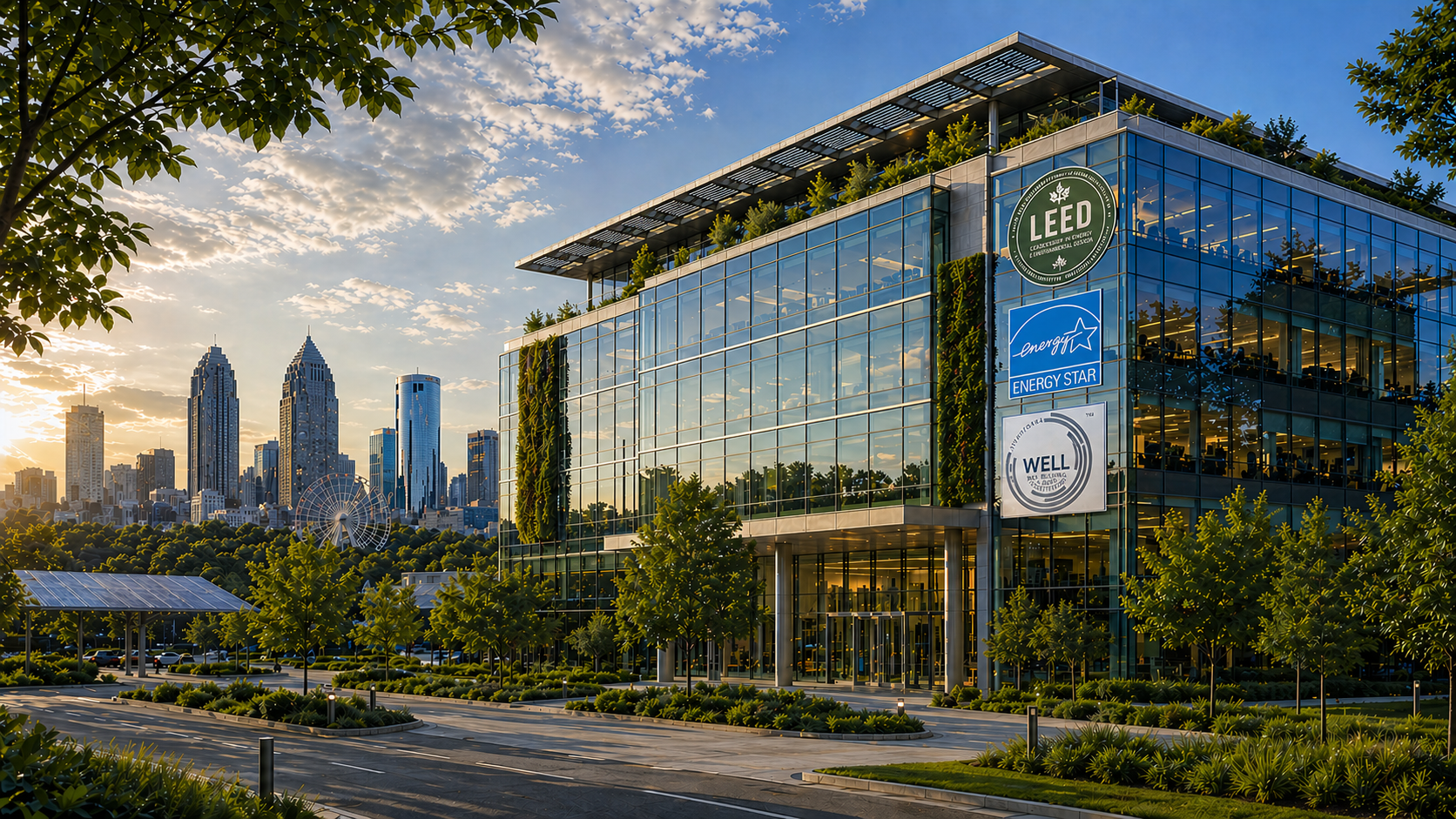Modern glass office building with sustainability and energy efficiency certifications, set against a city skyline at sunset