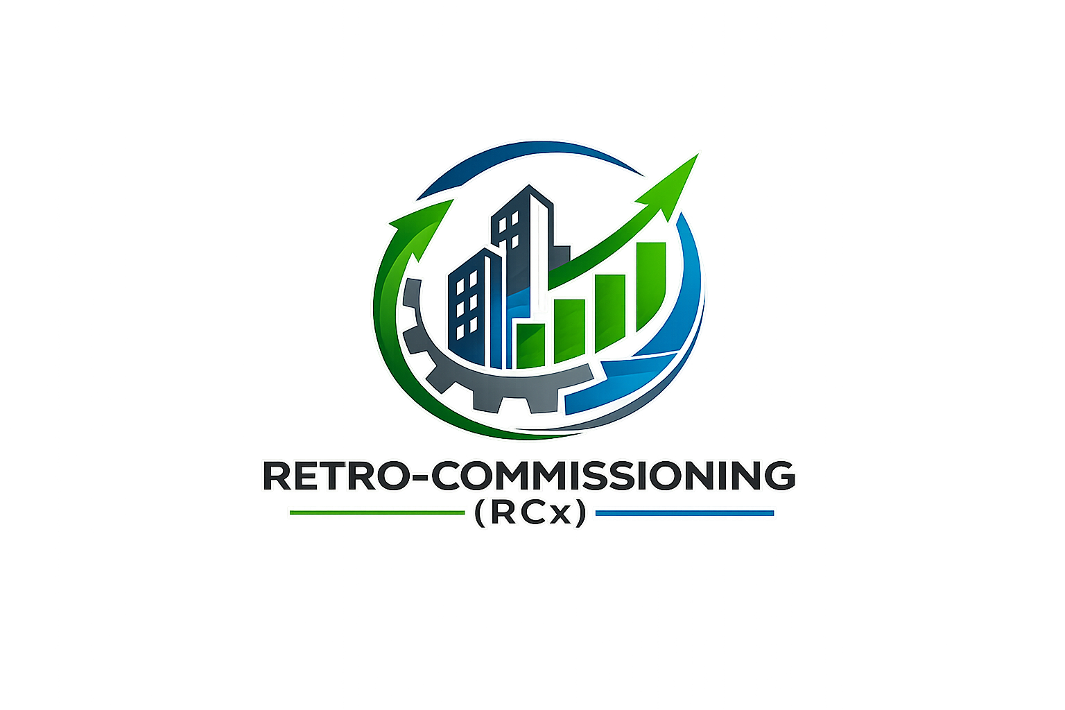 Logo for Retro-Commissioning (RCx) featuring a cityscape with buildings and upward green and blue arrows, encircled by a gear and circular arrows, with the text "RETRO-COMMISSIONING (RCx)" below.