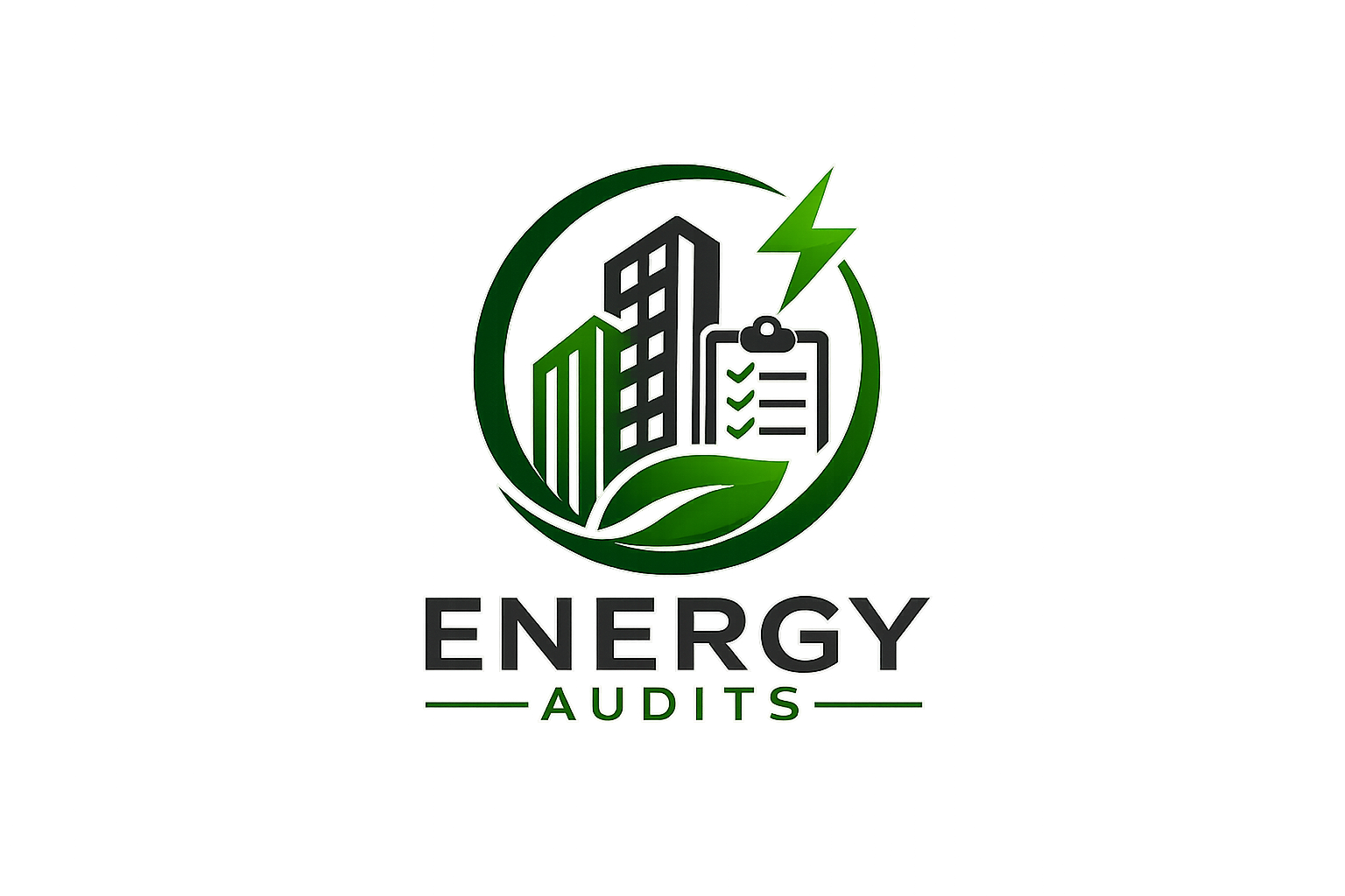 A logo with a green circular arrow surrounding a building, clipboard with checkmarks, and a lightning bolt, with the words 'ENERGY AUDITS' below in black and green text.