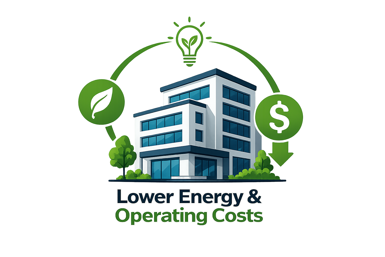 Illustration of a modern building with green trees, surrounded by icons of a lightbulb, a leaf, and a dollar sign, accompanied by the text 'Lower Energy & Operating Costs'.