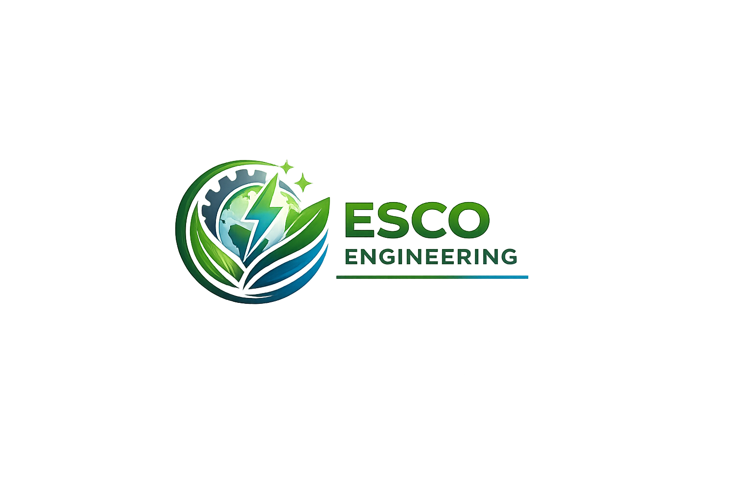 A logo of ESCO Engineering featuring a green circular emblem with a globe, a lightning bolt, and leaves, symbolizing renewable energy and engineering.