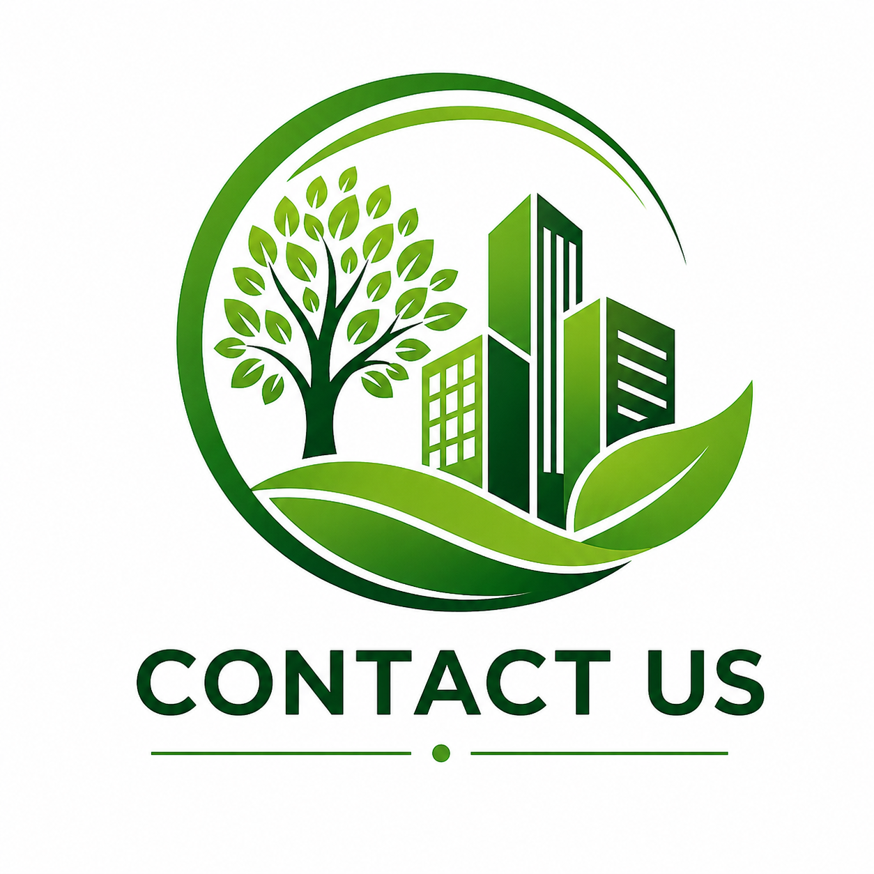A circular logo featuring a green tree on the left and tall green skyscrapers on the right, with the text 'CONTACT US' below.