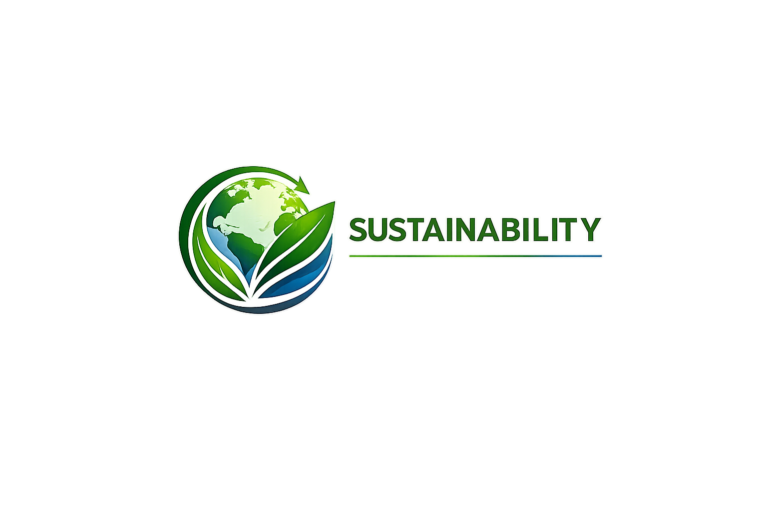 A logo featuring a globe with continents and green leaves, and the word 'SUSTAINABILITY' written to the right.