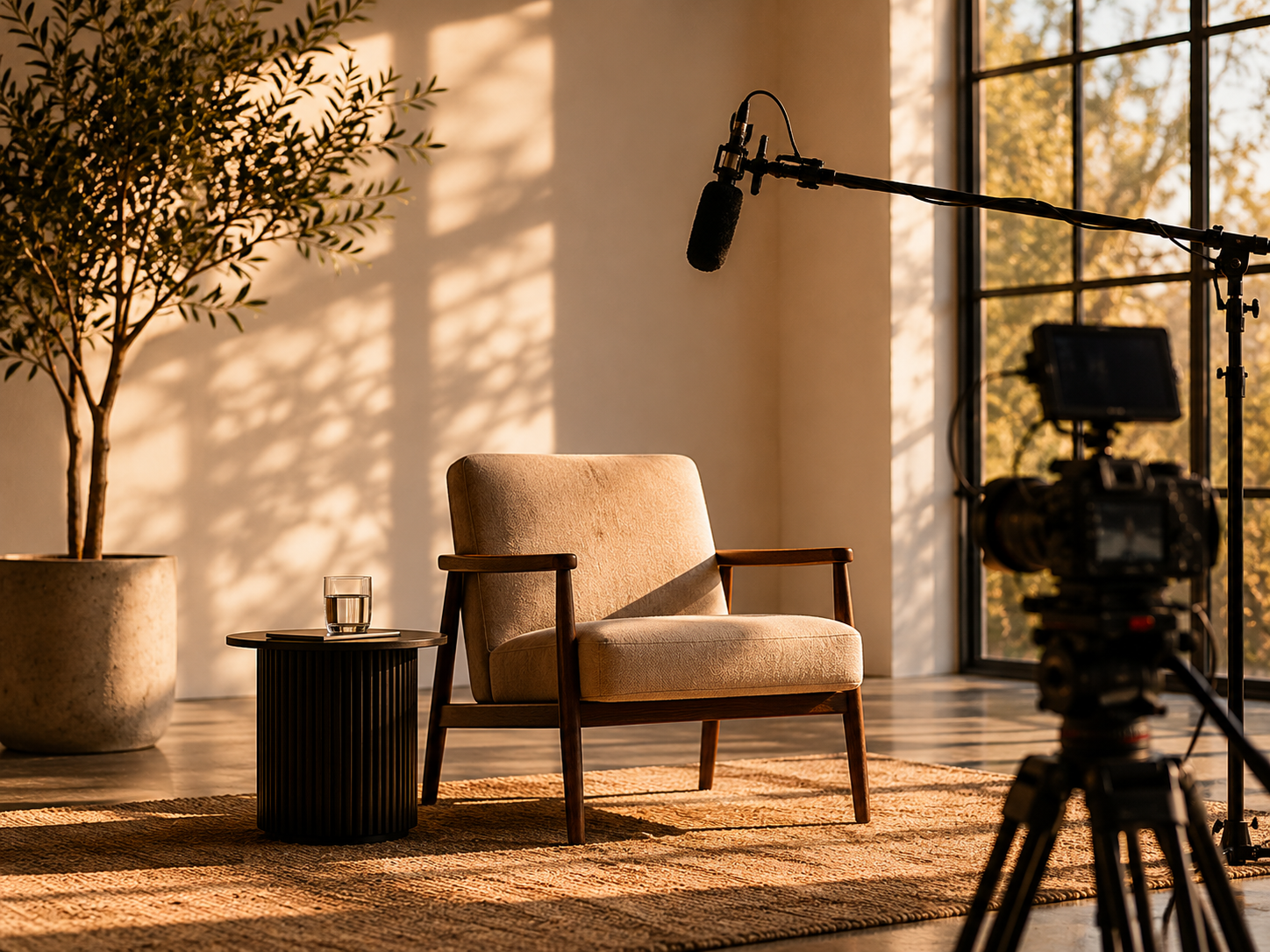A film or interview set featuring a cozy beige armchair, a small black side table with a glass of water, a large potted plant, a professional camera on a tripod, a microphone suspended from a boom pole, and a large window letting in warm sunlight, with a view of trees outside.