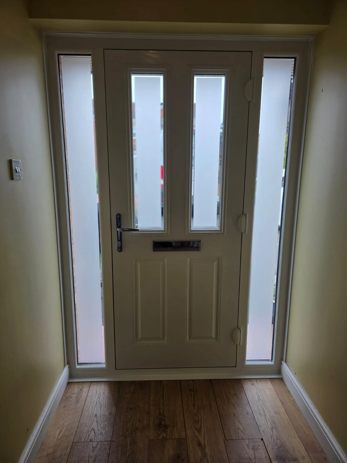 White front door with three narrow glass panes, a mail slot, and a black handle, flanked by two tall frosted glass side panels.