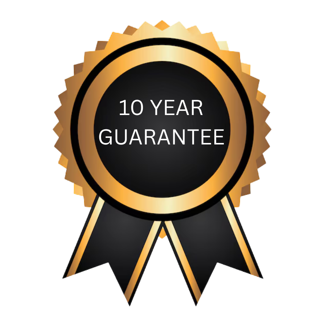 Gold and black ribbon award with a black circle in the center reading '10 Year Guarantee'.