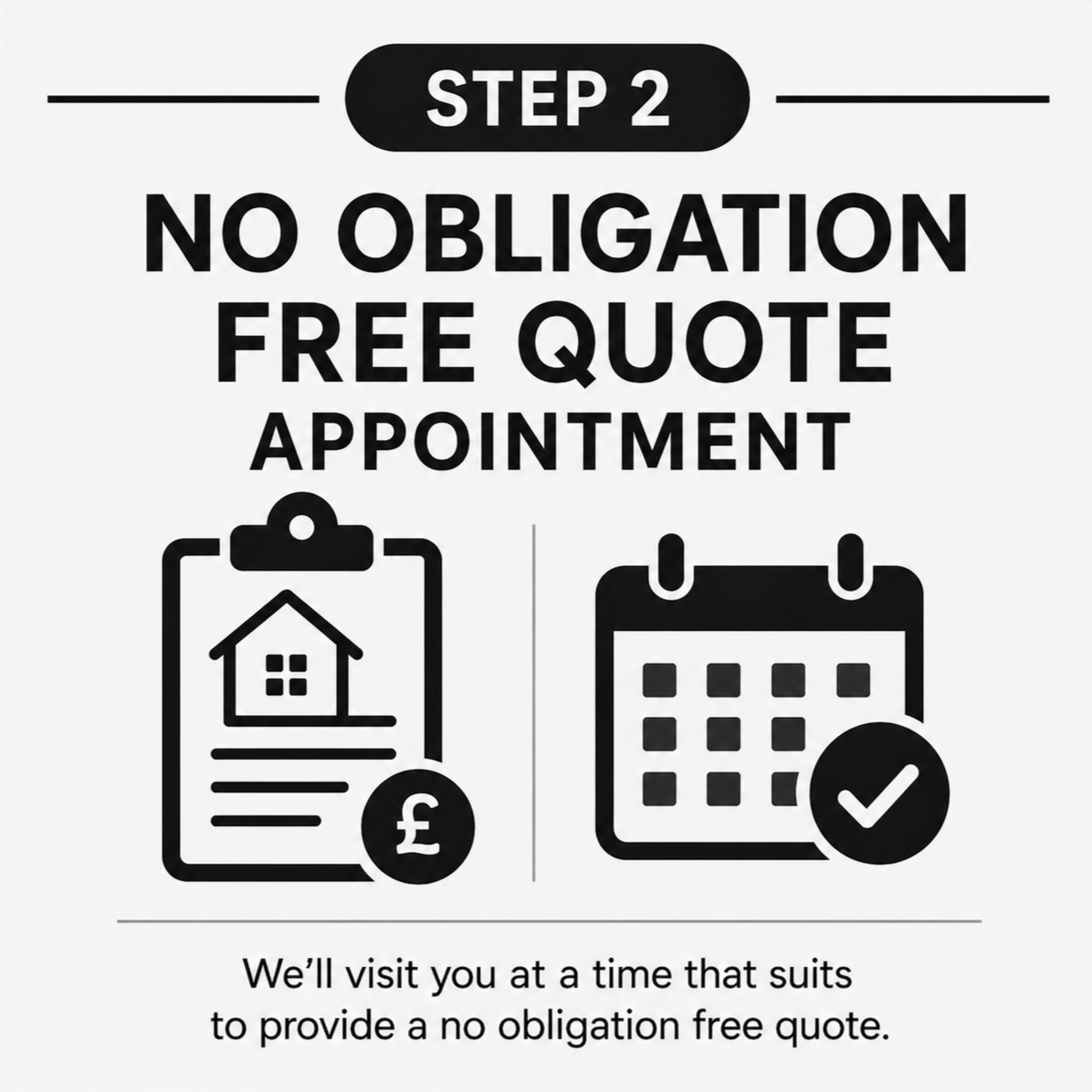 A sign displaying step 2 for a service, indicating no obligation free quote appointment. The sign includes images of a house with a currency symbol and a calendar with a check mark. The text below states they will visit at a convenient time to provide a no obligation free quote.